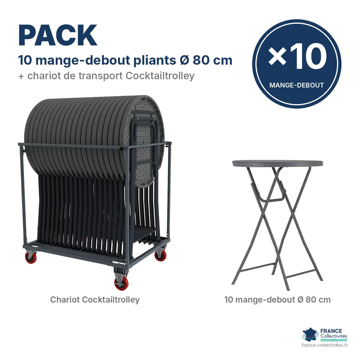Pack 10 mange-debout pliants et chariot de transport France Collectivités