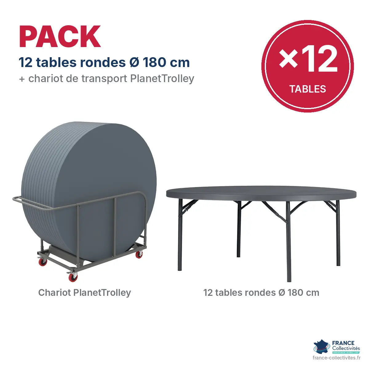 Pack 12 tables rondes Ø 180 cm et chariot PlanetTrolley France Collectivités