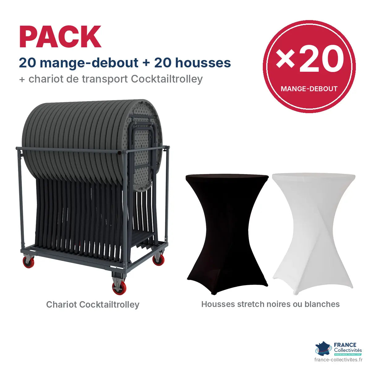 Pack 20 mange-debout, 20 housses stretch et chariot Cocktailtrolley France Collectivités