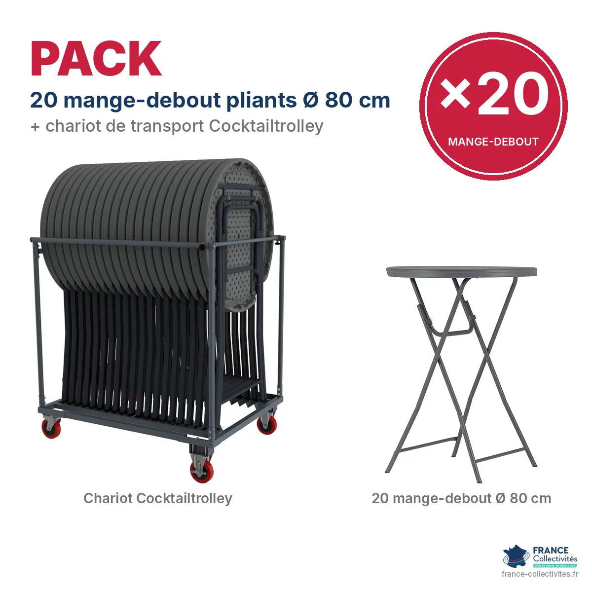 Pack 20 mange-debout pliants Ø 80 cm et chariot Cocktailtrolley