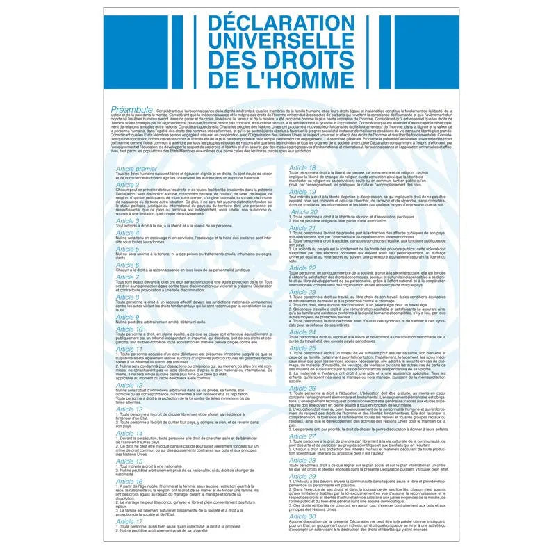 Plaque d'intérieur déclaration universelle des droits de l'homme et du citoyen - ONU france collectivités