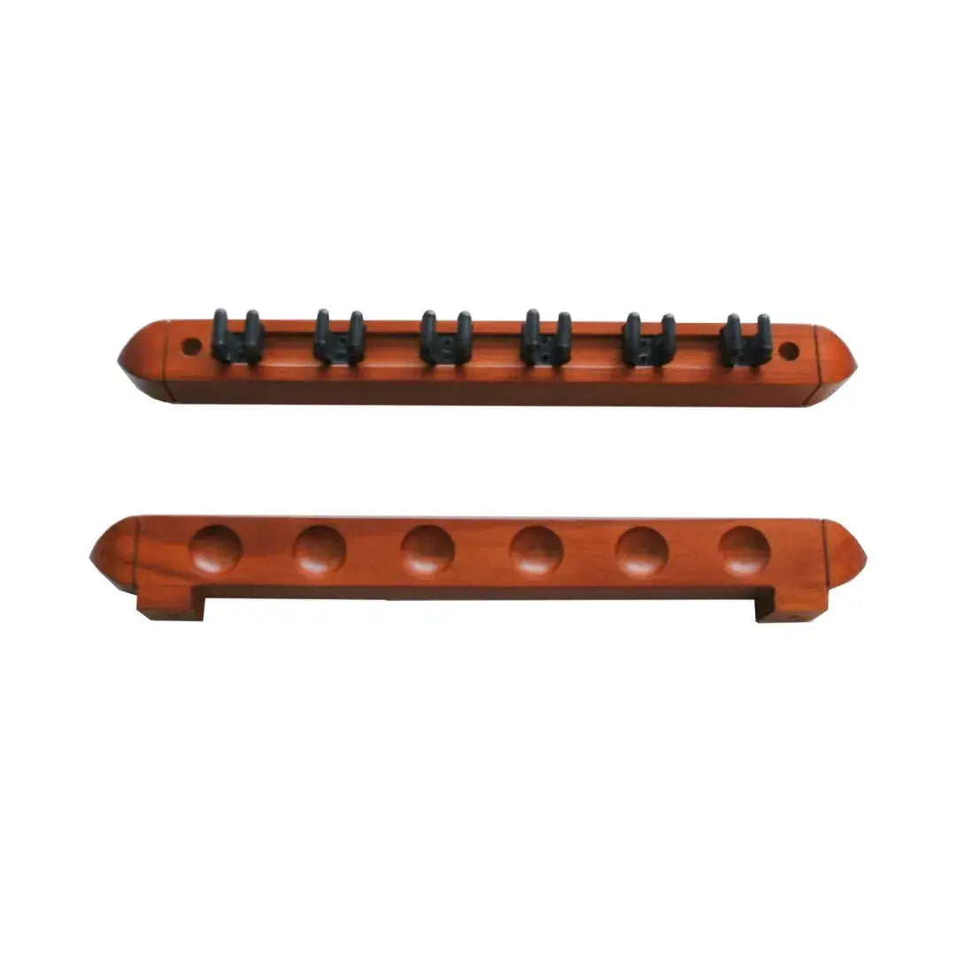 Porte queues mural de billard couleur teinte bois pour rangement de 6 queues de billard