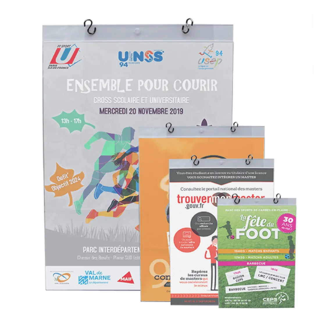 Porte-visuels en plexiglass pour grilles d'exposition – Formats A5, A4, A3, A1 – Accrochage rapide france collectivités