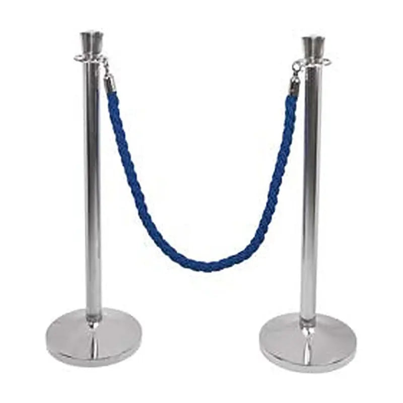 Paire de poteaux à corde Gamma inox brillant reliés par un cordon tressé bleu