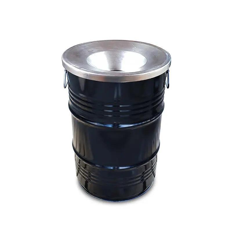Poubelle baril 60 litres en acier noir, couvercle ignifuge – France Collectivités