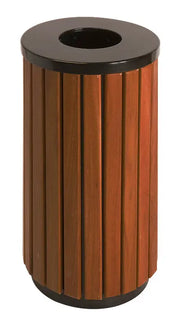 Poubelle d'extérieur ronde 40 L en métal aspect bois noir avec seau galvanisé, Vepa Bins – France Collectivités