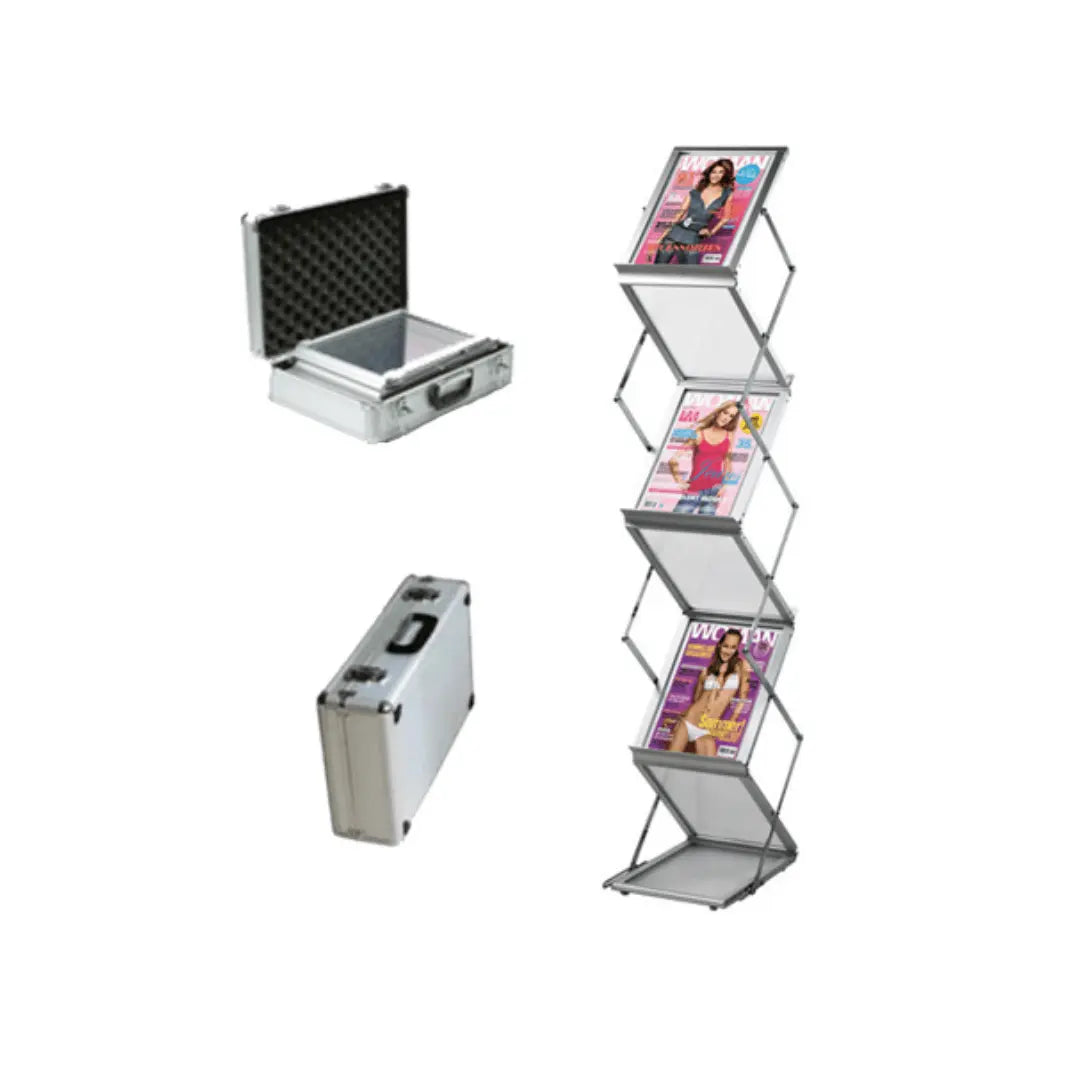 Présentoir zig-zag alu-plexi pliant avec sa valise de rangement france collectivités