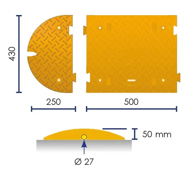 Schéma coté du ralentisseur à LED : élément 500 × 430 mm, embout 250 mm, hauteur 50 mm, passe-câble Ø 27 mm