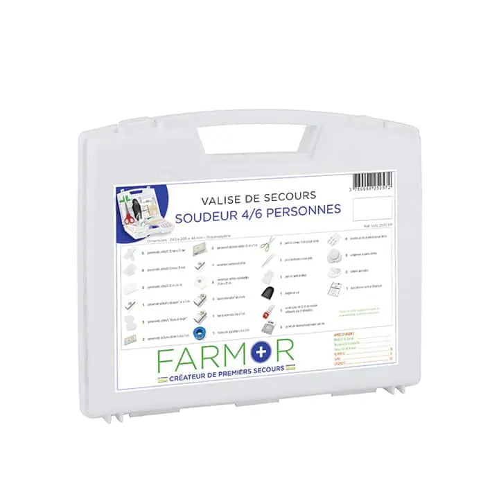 Valise de premiers secours Soudeur SOU 2570 PP Farmor en polypropylène blanc pour atelier de métallerie de 4 à 6 personnes