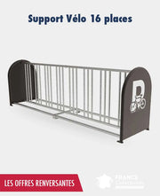 Support vélos 16 places en acier galvanisé avec fixation sur platines, solution robuste pour stationnement cycles en espace public avec signalétique intégrée.