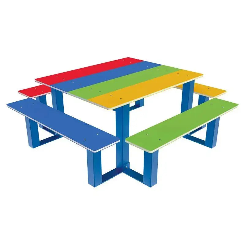 Détail de la table de pique-nique Arc-en-ciel pour enfants avec plateau et bancs en PEHD haute densité résistant aux intempéries et structure robuste en acier thermolaqué RAL 5010.