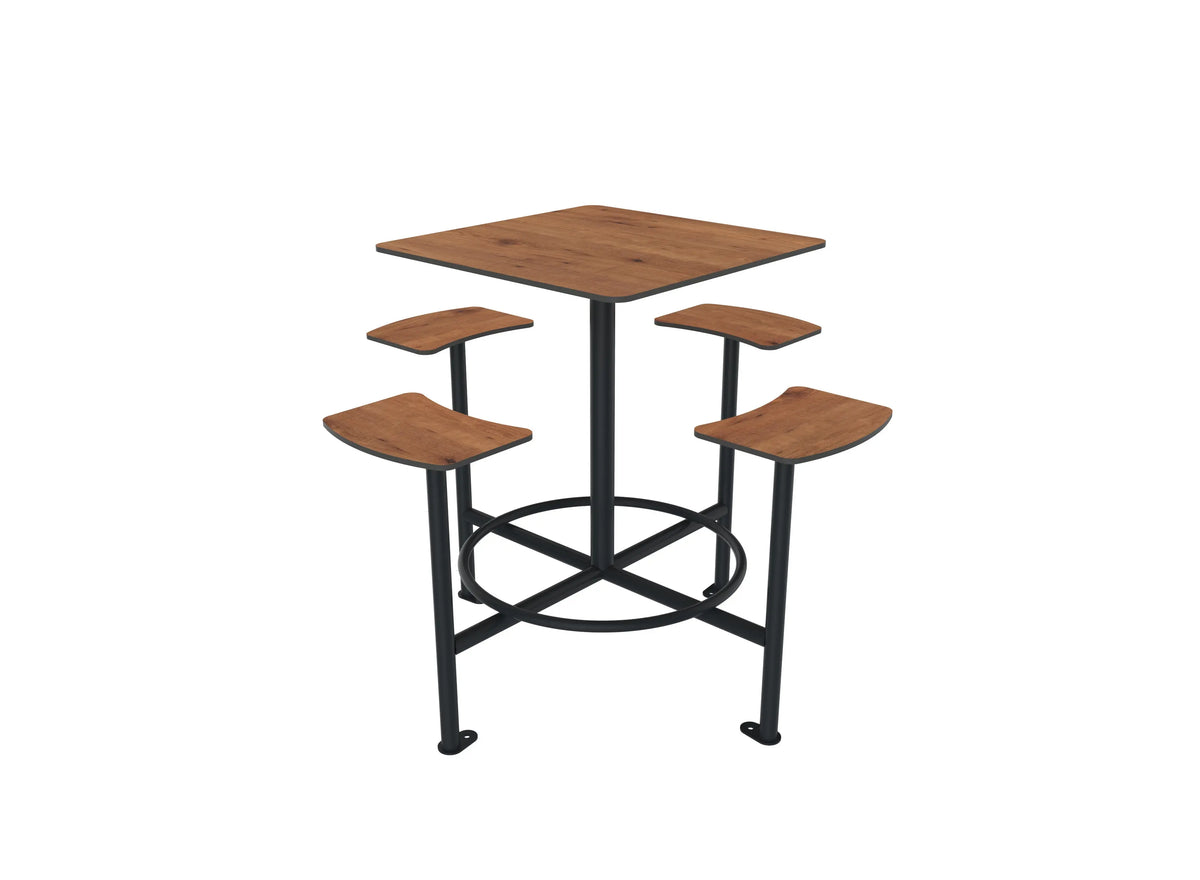 Table mange-debout avec assises intégrées en compact pin tyrol, piètement anthracite
