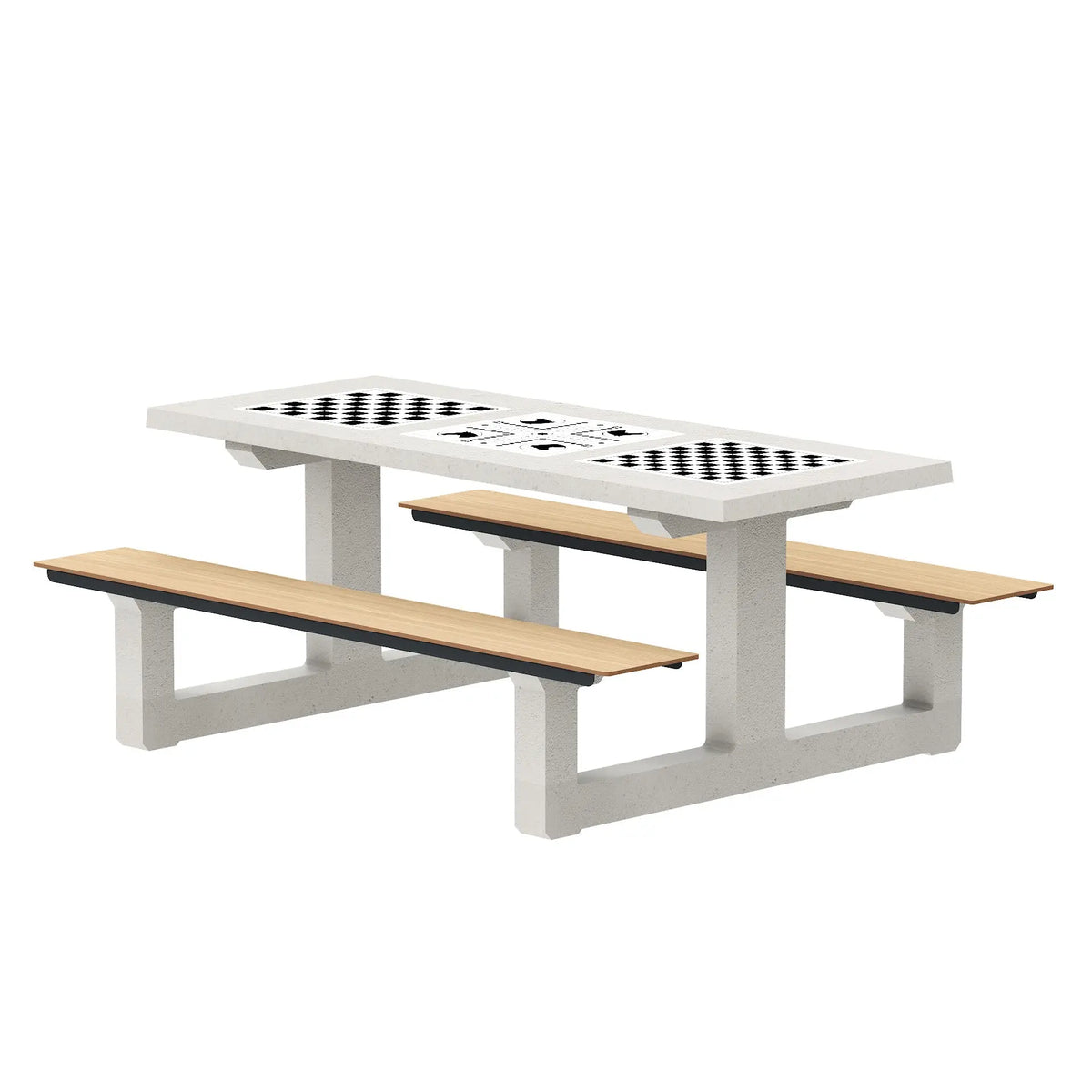 Table de jeux Piony béton blanc sablé et assises HPL chêne clair, plateaux dames et échecs