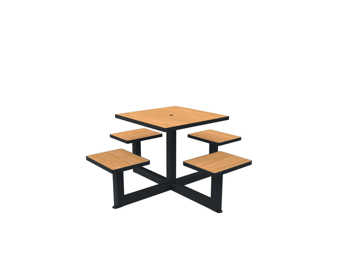 Table de pique-nique carrée teck avec trou de parasol et assises individuelles