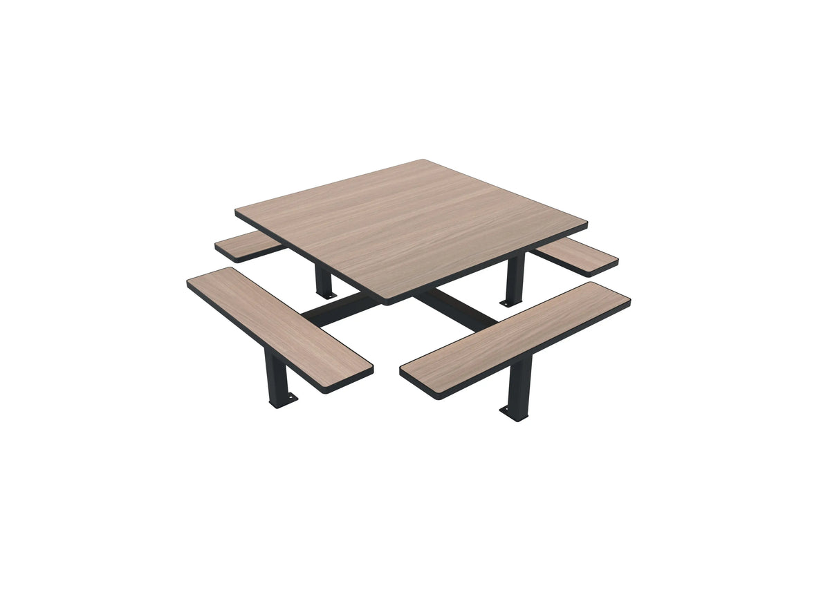 Grande table carrée Orpin 8 places en compact chêne clair, structure monobloc
