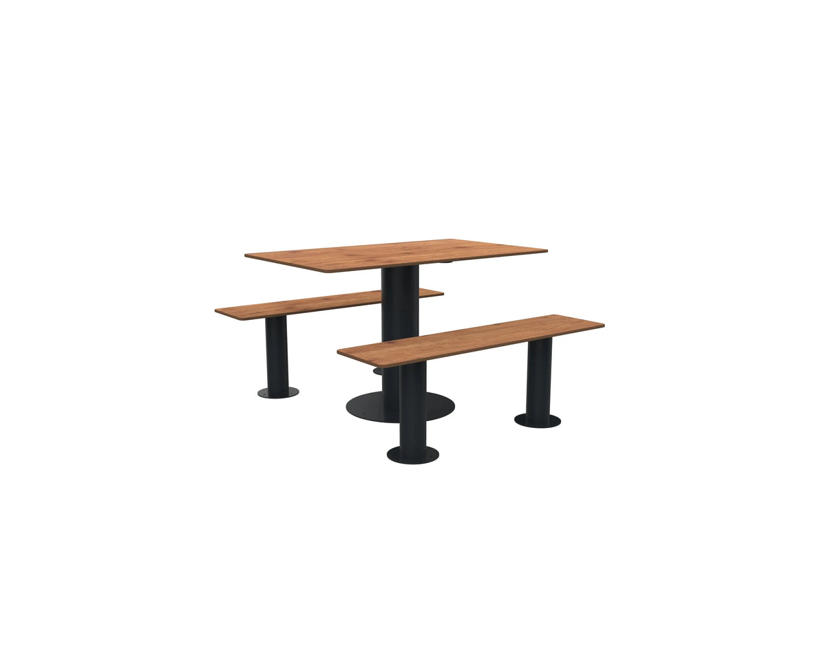 Ensemble table et bancs indépendants en compact pin tyrol, structures anthracite