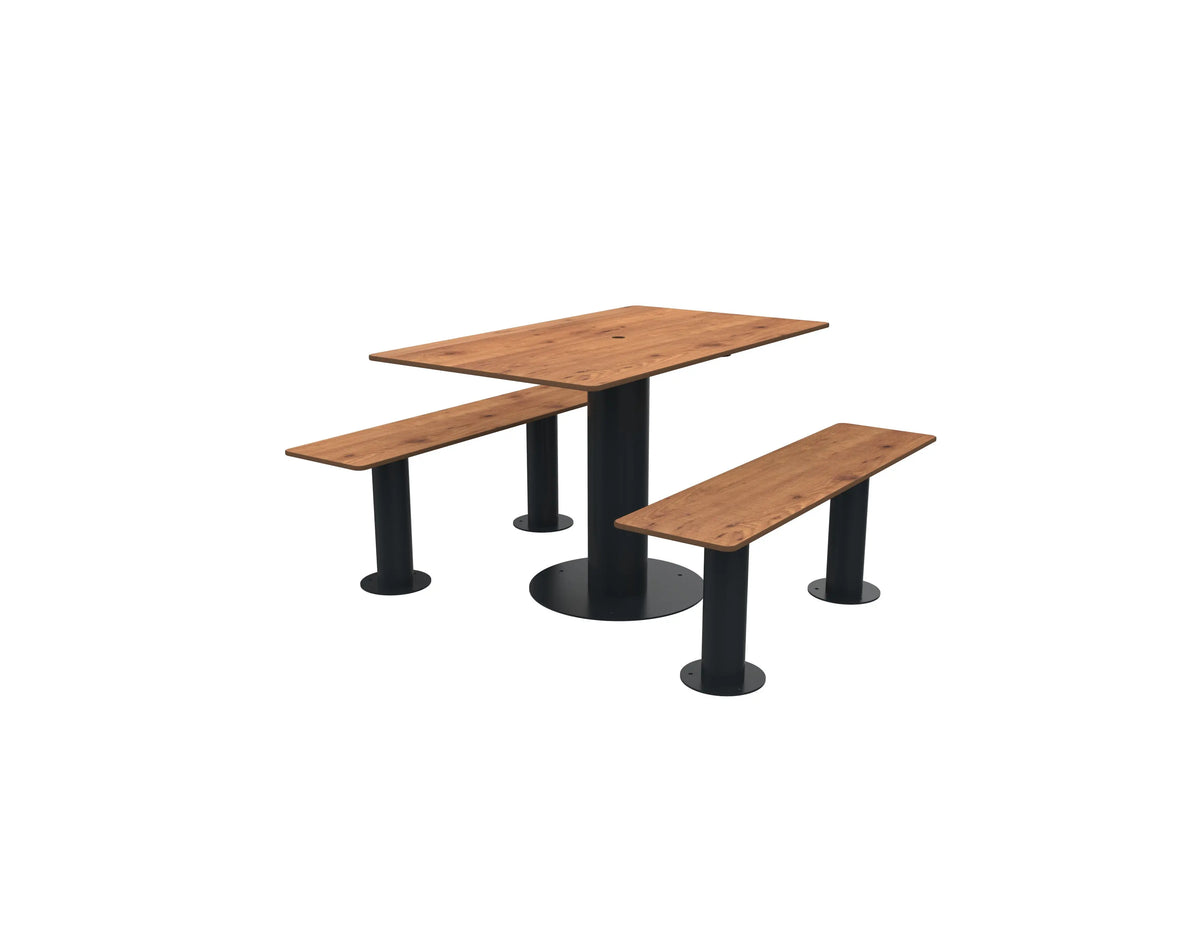 Ensemble 4 places compact pin tyrol percé pour parasol, bancs détachés