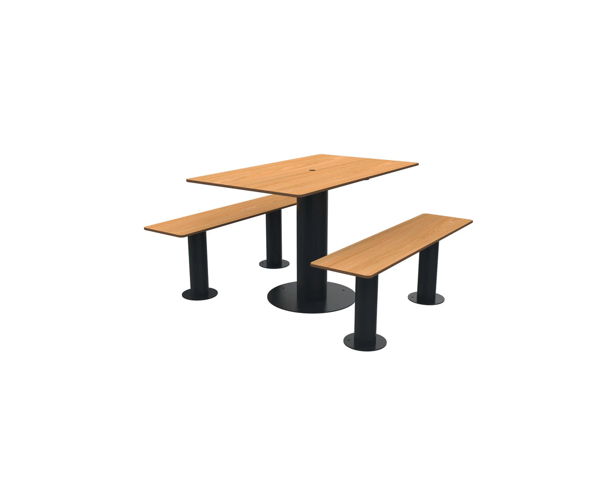 Table et bancs séparés en compact teck avec trou de parasol Ø 50 mm