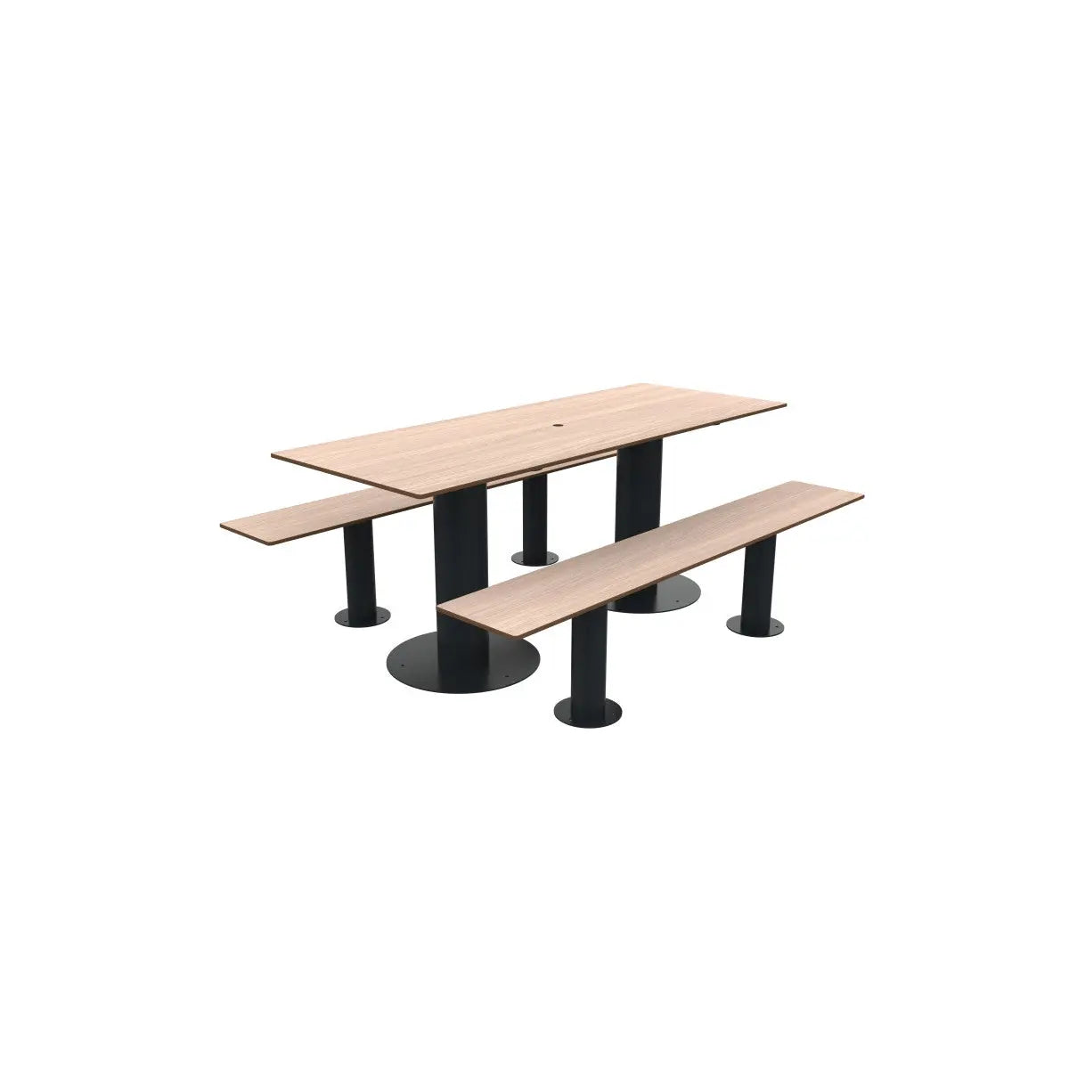 Ensemble table et bancs 8 places avec trou de parasol, compact aspect chêne, Buton Moka