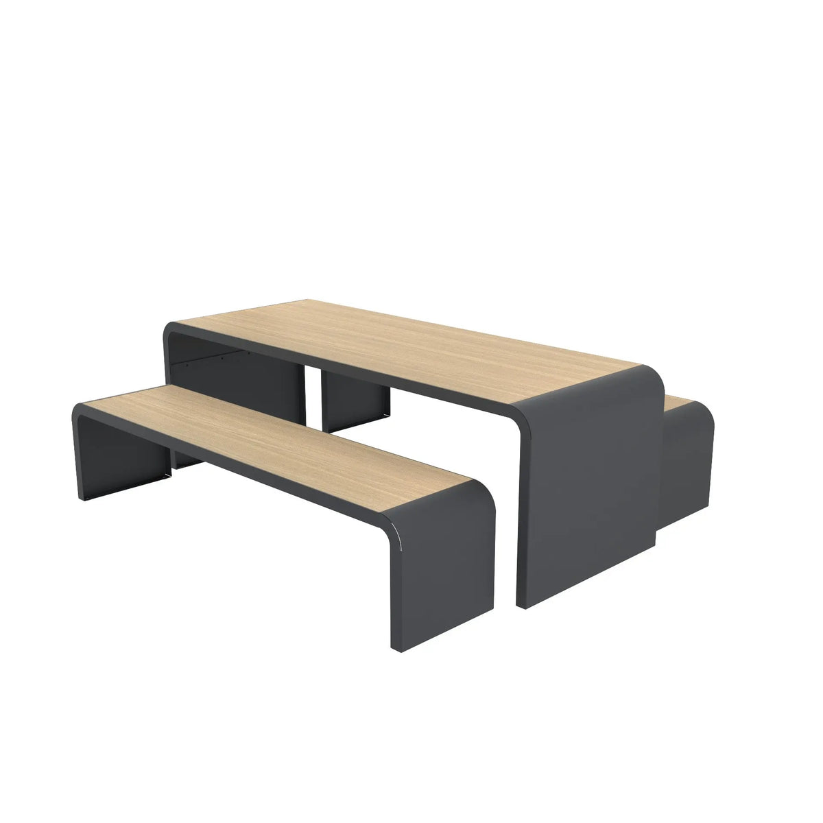 Table New York 6 places à lames compact chêne clair et bancs séparés, structure anthracite