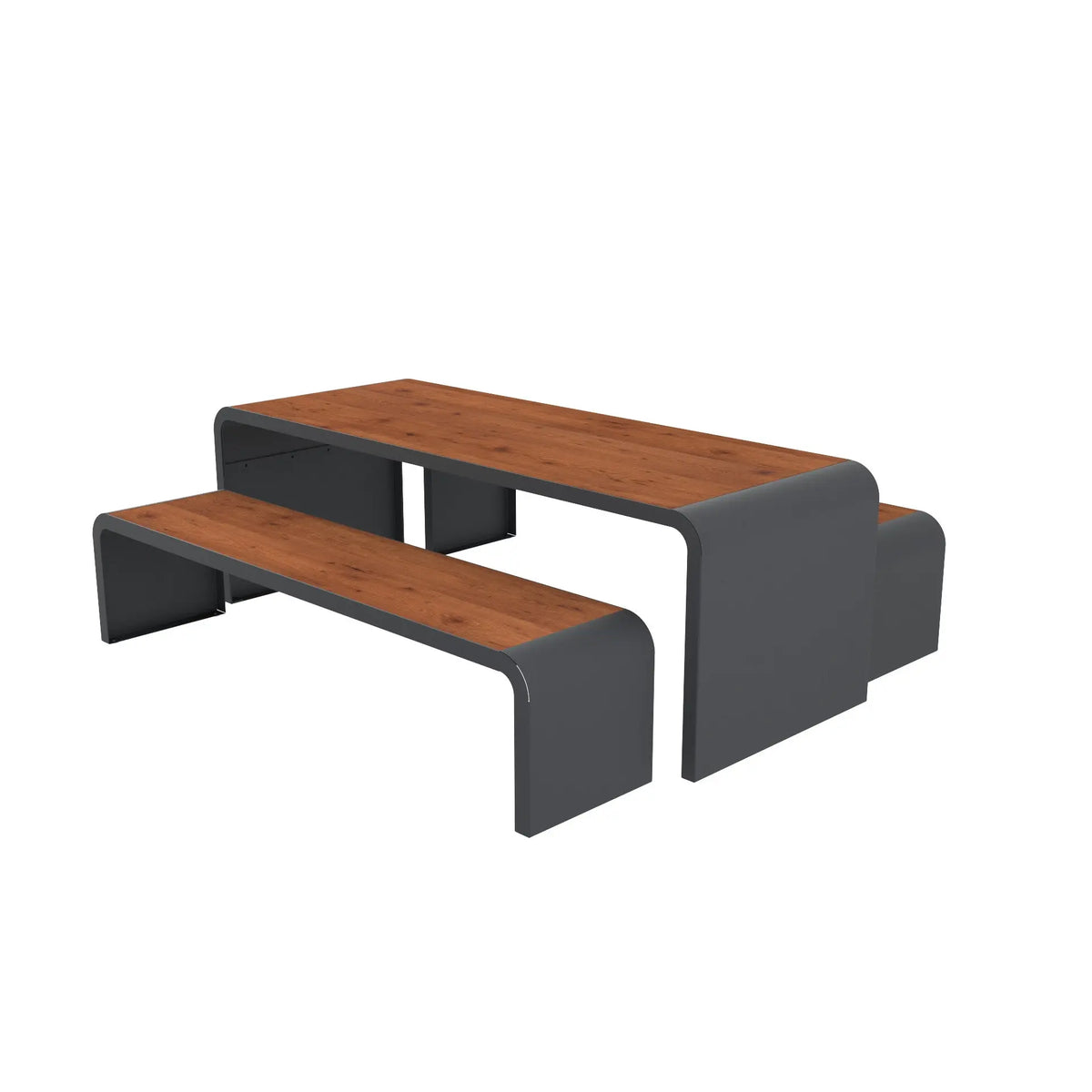 Ensemble table et bancs New York en compact pin tyrol sur acier gris RAL 7016
