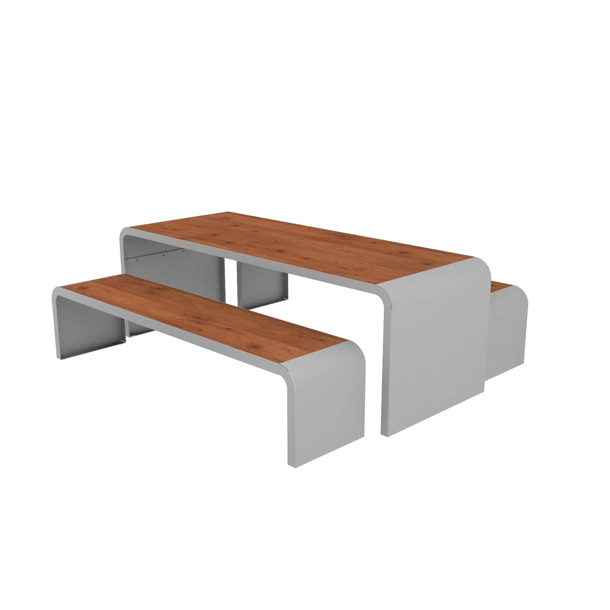 Table et bancs séparés en lames pin tyrol, piètement gris alu, New York