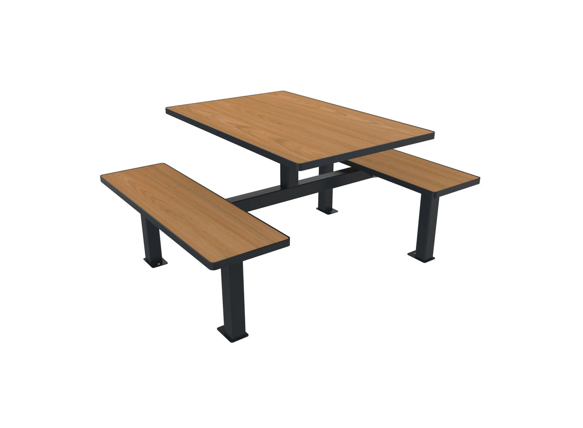 Ensemble table et bancs intégrés aspect teck, compact haute pression, Buton Orpin