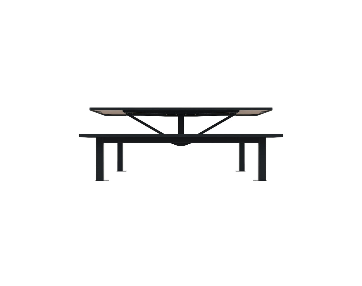Table Orpin 2 m avec trou de parasol, plateau et assises compact aspect chêne, Buton Design