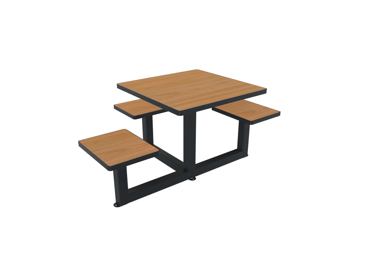 Table accessible fauteuil roulant aspect teck, assises intégrées sur trois côtés, Buton