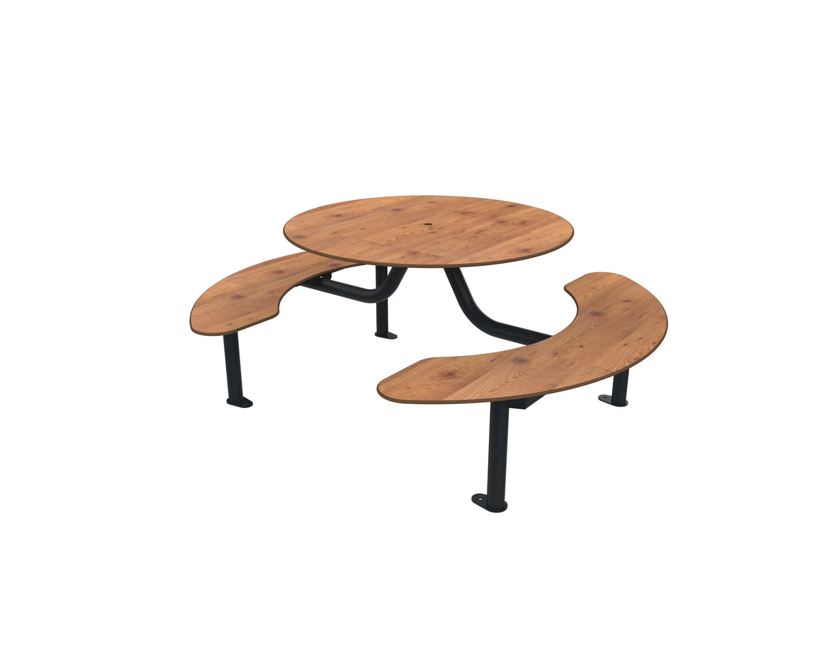Table ronde monobloc en compact pin tyrol avec trou de parasol central