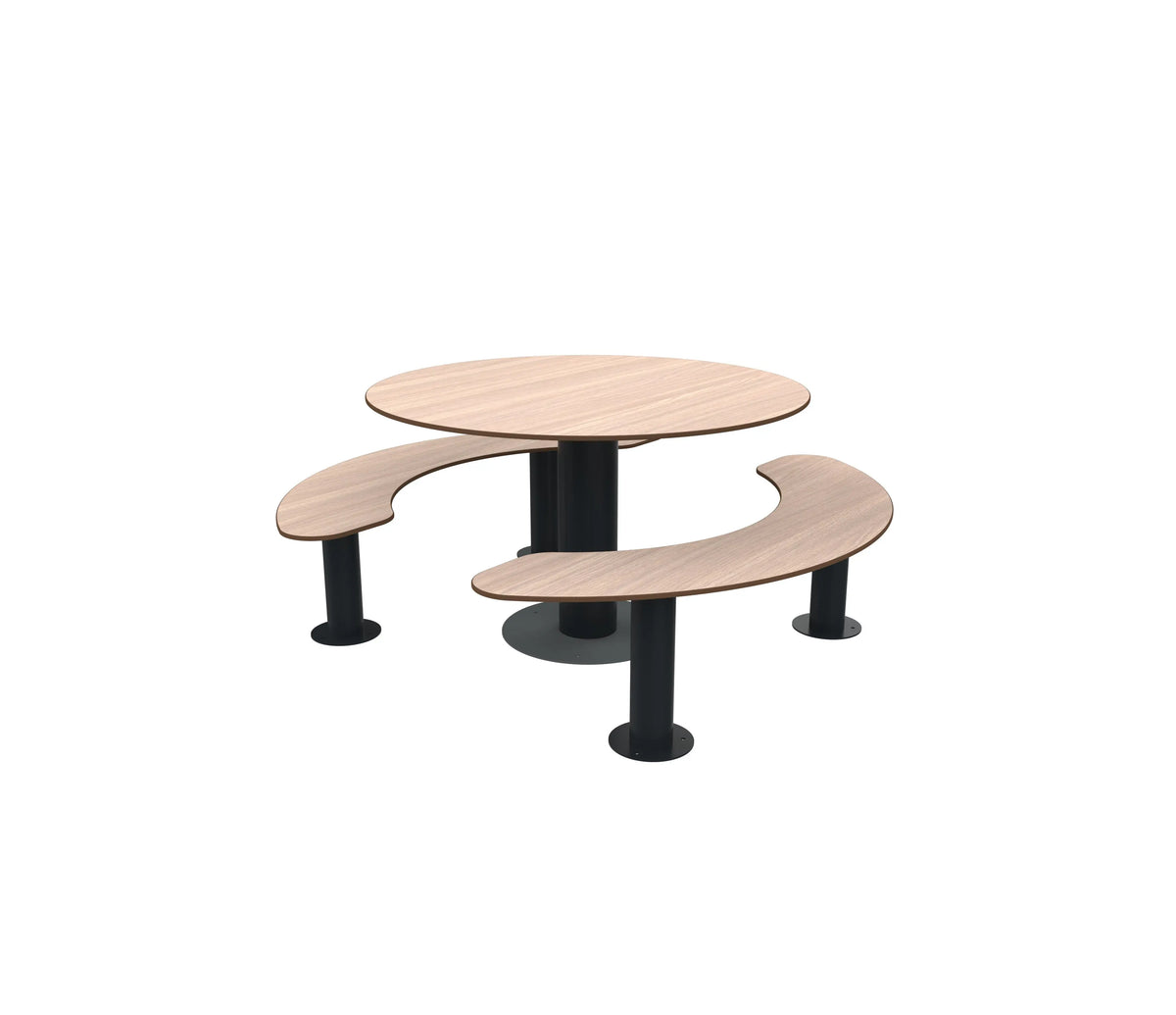 Table ronde Moka et bancs séparés en compact chêne clair, 6 places