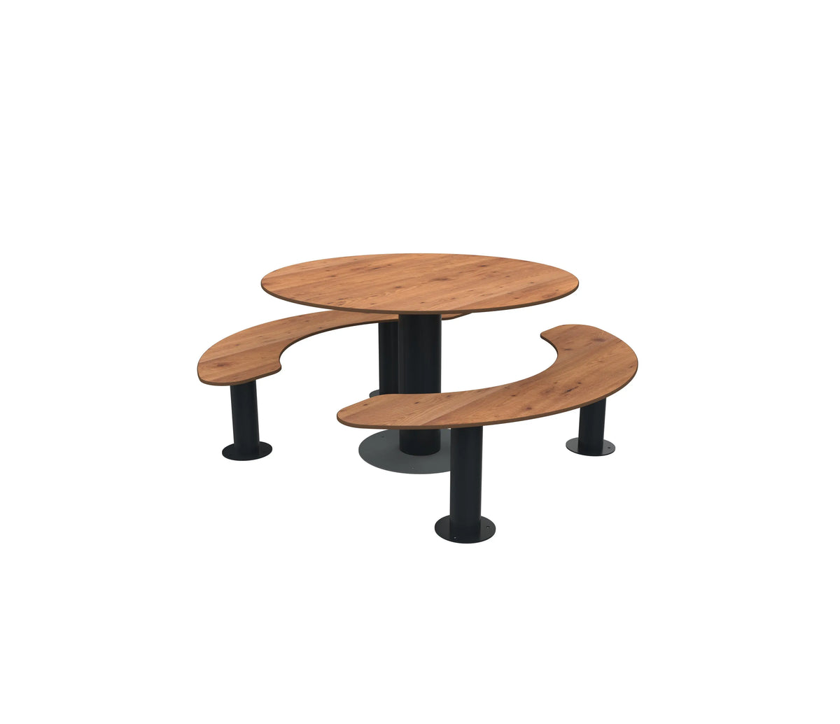 Table ronde compact pin tyrol percée pour parasol, bancs en arc