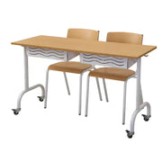 Table d'école Axel 2 places 130 x 50 cm montée sur 4 roulettes à frein, plateau hêtre, pour classe flexible