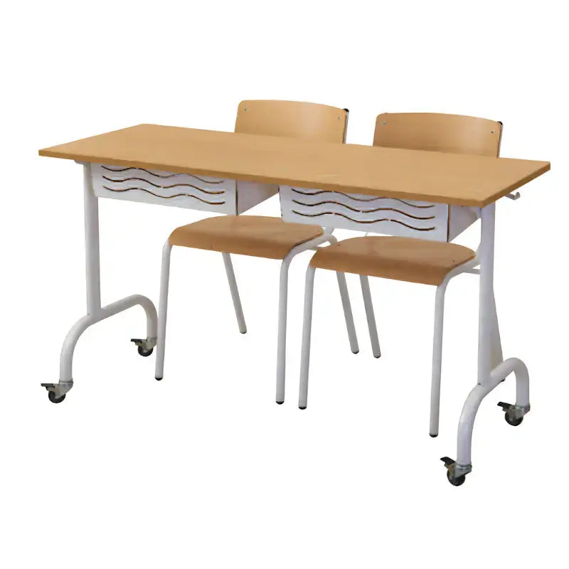 Table d'école Axel 2 places 130 x 50 cm montée sur 4 roulettes à frein, plateau hêtre, pour classe flexible