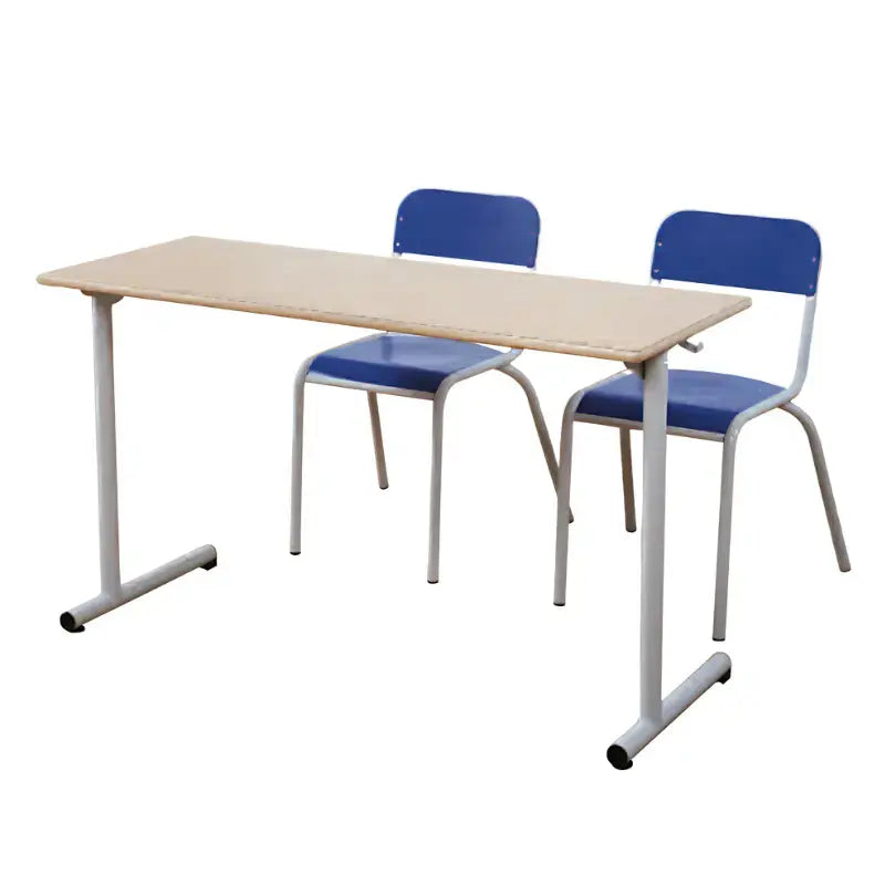 Table d'école Azur 2 places 130 x 50 cm, piètement acier et plateau hêtre, pour classe d'élémentaire