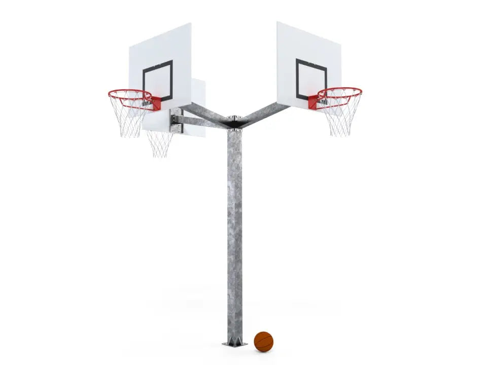Tour de basket 4 panneaux sur platine, fût galvanisé 140 × 140, déport 1,20 m