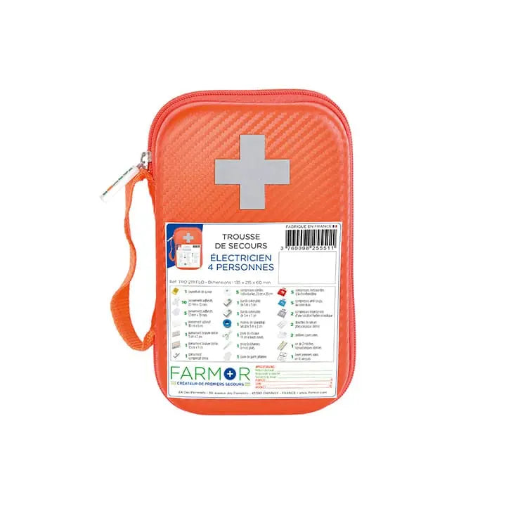 Trousse de secours Électricien 4 personnes Farmor en PU orange fluo avec croix rétro-réfléchissante et accroche ceinture