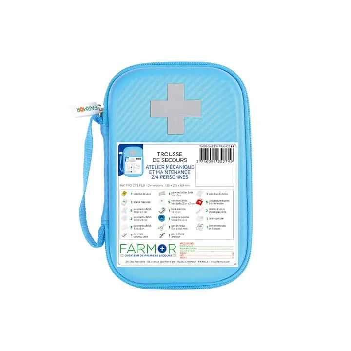 Trousse de secours Farmor Atelier mécanique et maintenance 2/4 personnes en PU bleu fluo avec croix rétroréfléchissante