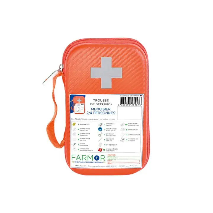 Trousse de secours Menuisier 2/4 personnes Farmor en PU orange fluo, croix rétro-réfléchissante et sangle ceinture