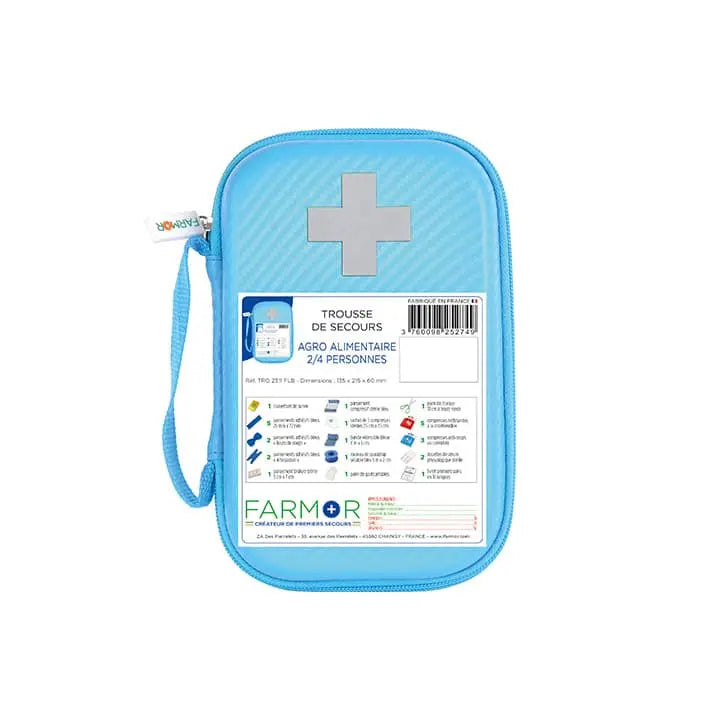 Trousse de secours Agroalimentaire Restauration 2/4 personnes Farmor TRO 2311 FLB en PU bleu fluo avec accroche ceinture