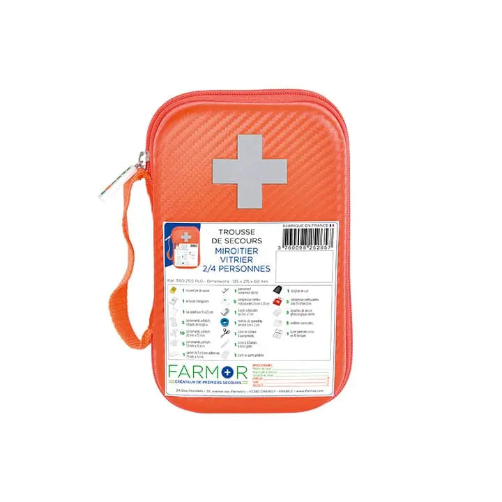 Trousse de secours Farmor Miroitier Vitrier 2/4 personnes en PU orange fluo, accroche ceinture