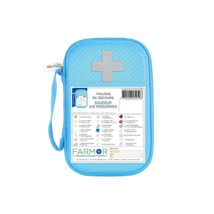 Trousse de secours Soudeur 2/4 personnes Farmor TRO 2578 FLB en PU bleu fluo avec croix rétro-réfléchissante et sangle ceinture