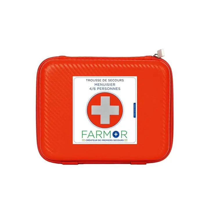 Trousse de premiers secours Farmor Menuisier 4 à 6 personnes en PU orange semi-rigide avec poignée