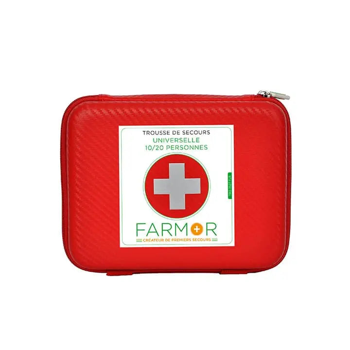 Grande trousse de secours Universelle 10/20 personnes Farmor en PU rouge fluo avec croix rétro-réfléchissante et poignée