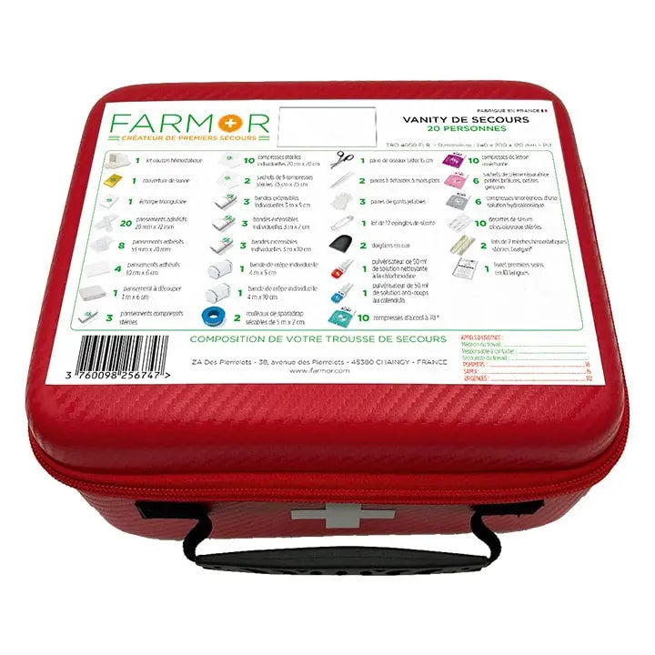 Vanity de secours Farmor Multirisques 20 personnes en PU rouge fluorescent à croix rétroréfléchissantes