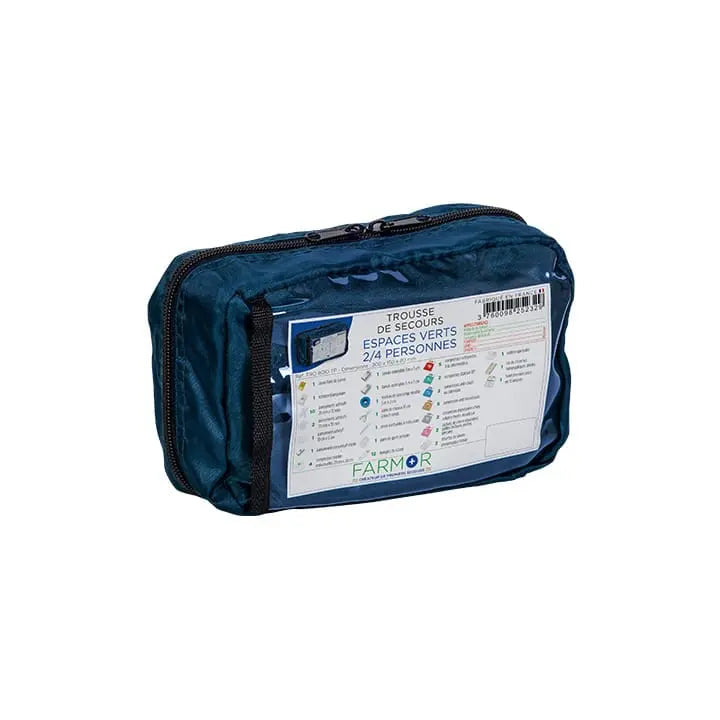 Trousse de secours Espaces verts 2/4 personnes Farmor en tissu polyester bleu, accroche ceinture