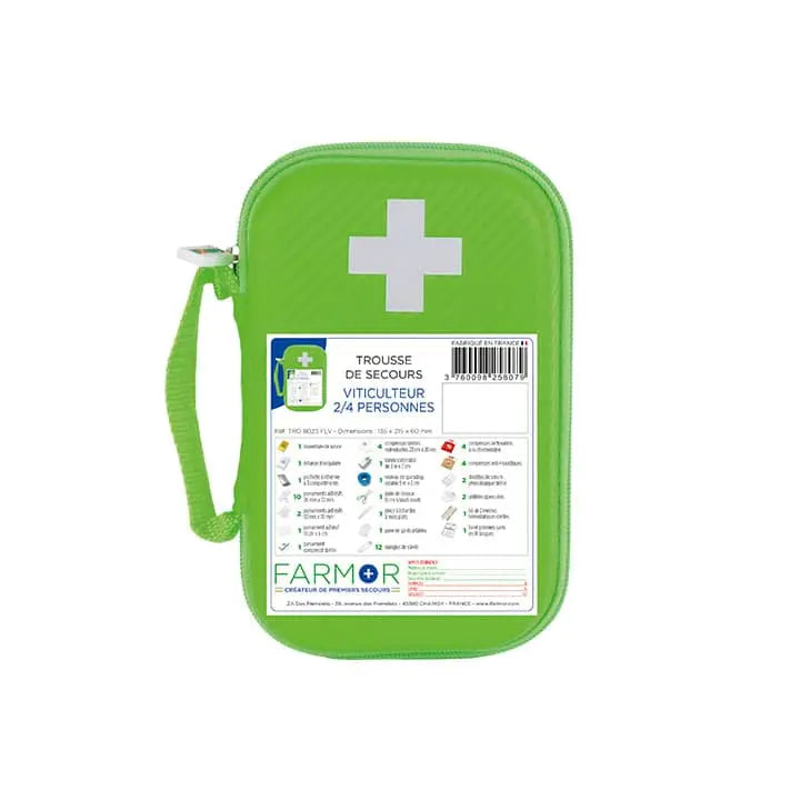 Trousse de secours Viticulteur 2/4 personnes Farmor en PU vert fluo avec croix rétro-réfléchissante