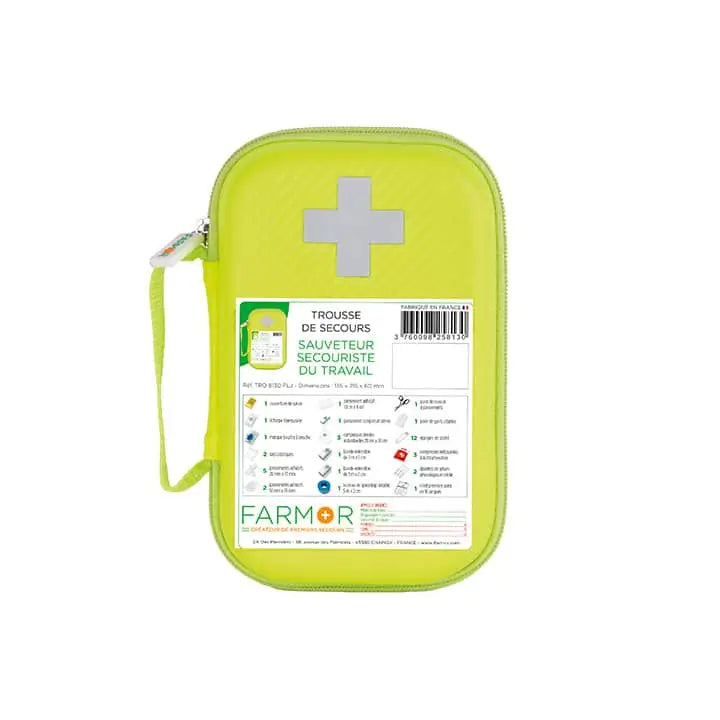 Trousse de secours SST Farmor en PU jaune fluo à croix rétro-réfléchissante, poignée et accroche ceinture