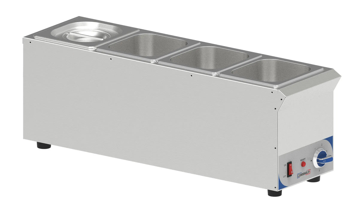 Bain-marie à sauce 4 bacs GN 1/6 alignés, inox, avec couvercles