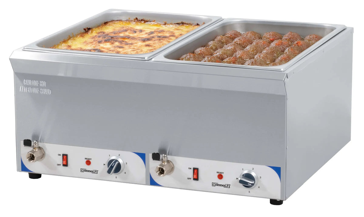 Double bain-marie à cuves profondes 2 x GN 1/1 de 200 mm, inox, avec vannes de vidange